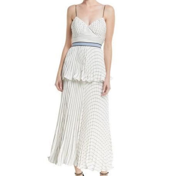 NWT In Box Self Portrait Pleated Stripe Flounce Maxi Strap Dress Blue Midband - Picture 8 of 11